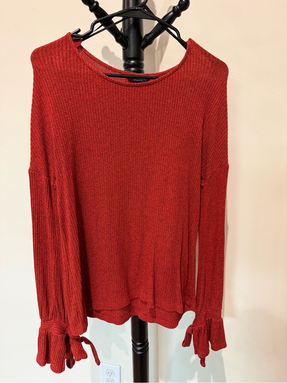 Lucky Brand Red Ribbed Tie-Sleeve Sweater